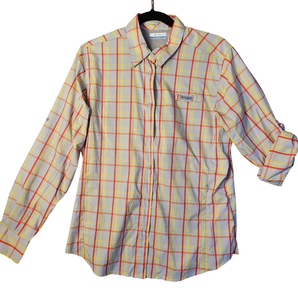 Columbia PFG Shirt Womens Large Blue Yellow Plaid Tamiami Fishing Long Sleeve